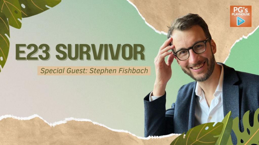 Man smiling in grey suit, white button down shirt with glasses and beard, text reads E23 survivor special guest: stephen fishbach.