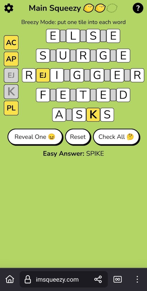 Screenshot of the daily puzzle, word game Main Squeezy