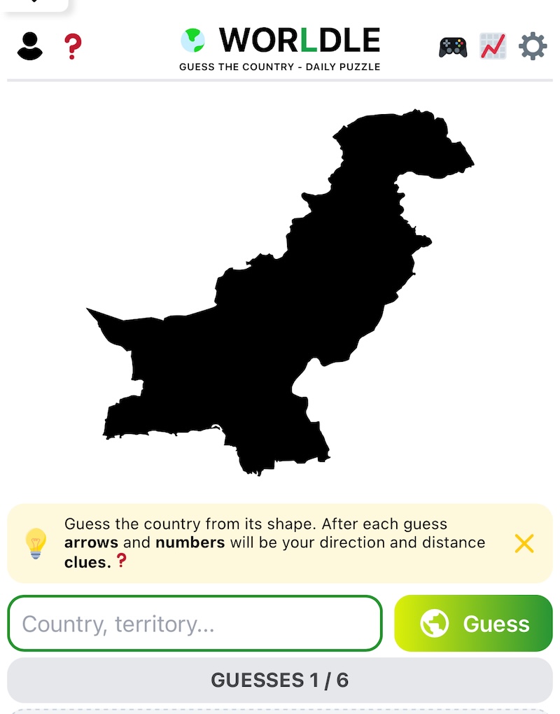 Screenshot of the daily puzzle, Worldle, showing the outline of a country for solvers to guess.