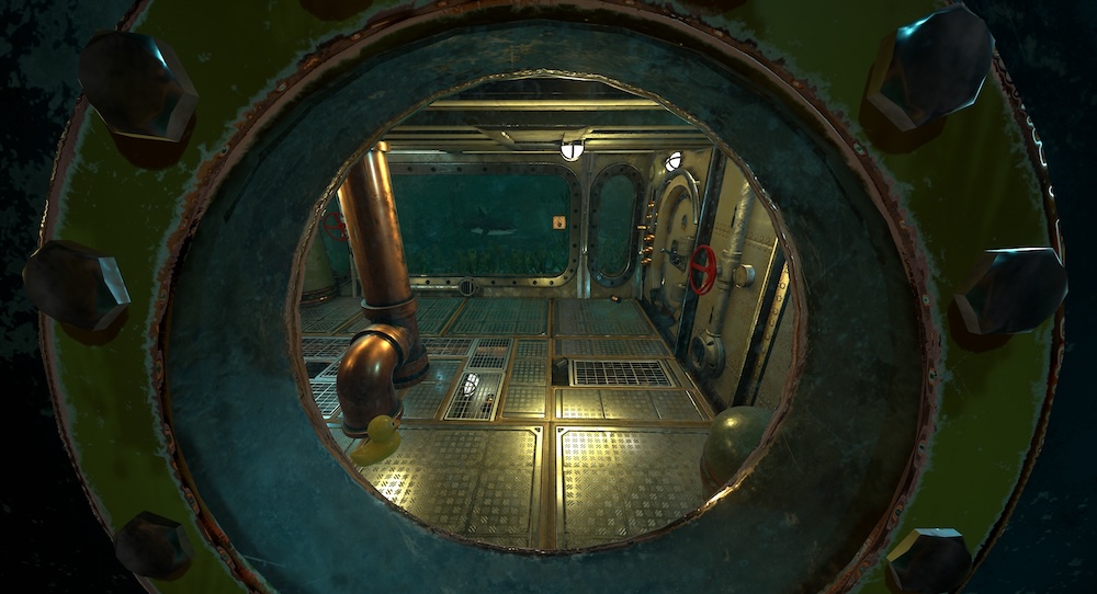 First person video game, view through a porthole into a steampunk submarine.