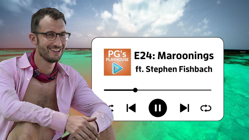 man with short brown hair and glasses, wearing an open pink button-down shirt and a dark pink buff around his neck. Ocean backdrop, and title that reads "E24: Maroonings ft. Stephen Fishbach"