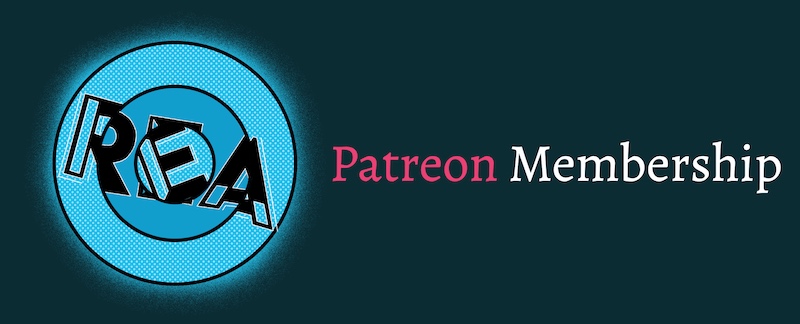 Text reads, "REA Patreon Membership" Image depicts Room Escape Artist's blue concentric puzzle logo with a pop art aesthetic.