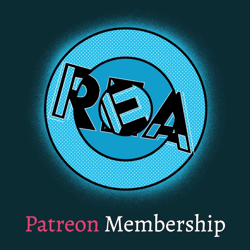 Text reads, "REA Patreon Membership" Image depicts Room Escape Artist's blue concentric puzzle logo with a pop art aesthetic.
