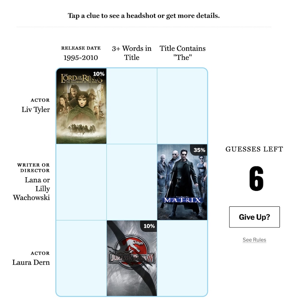 A 3 by 3 grid where players have to guess movies based on clues like actor names, release years, and title composition.