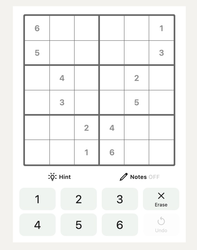 Daily mini sudoku with 6 blocks of 6.