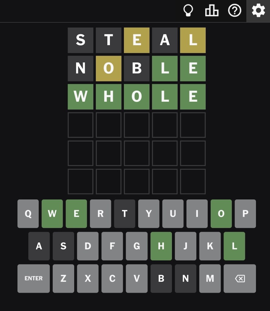 Daily word guessing game where correct letters in the correct place render in green, and correct letters in the incorrect location render in yellow.