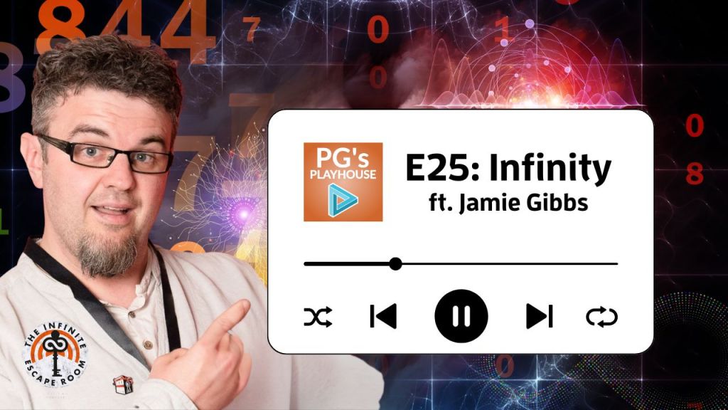 hero image for PG's Playhouse E25: Infinity. man with wavy brown hair and grey eyes with glasses and a goatee. he is wearing an ecru long sleeve shirt.