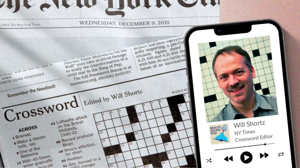 hero image for repod S10E1 featuring a middle aged man with salt and pepper hair, mustache, smiling, wearing a grey button down shirt, in front of empty crossword puzzle grid