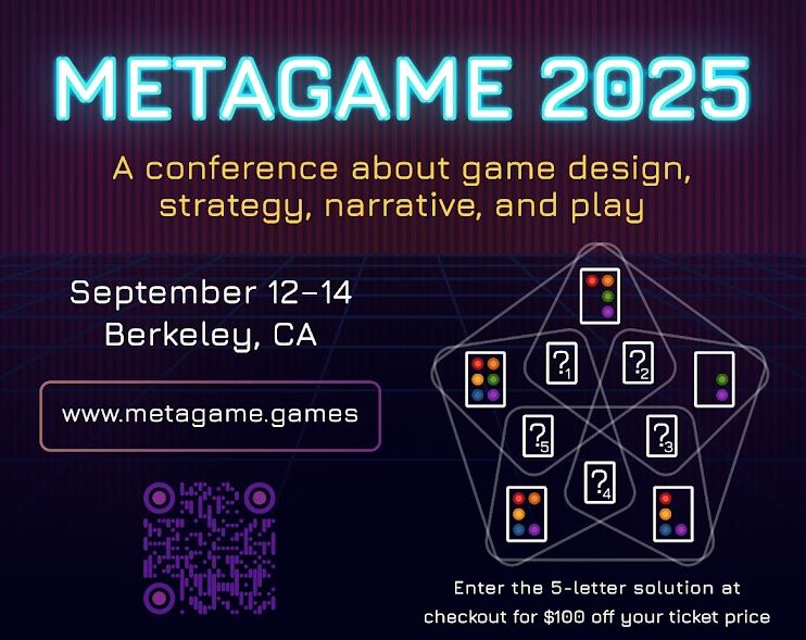 flyer for metagame 2025 with a puzzle involving colored dots in rectangles