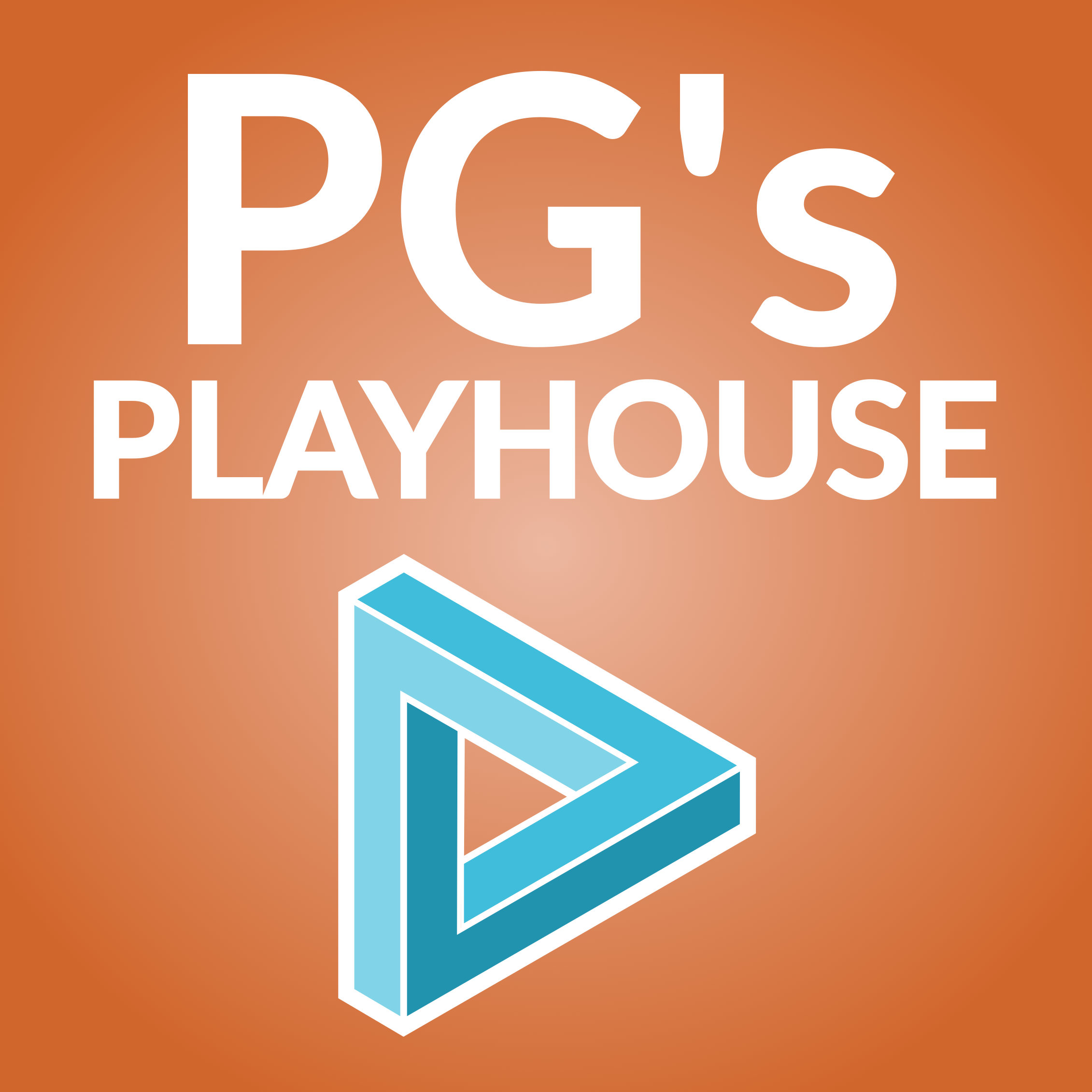 blue triangle on it's side with text reading "PG's Playhouse" on orange background
