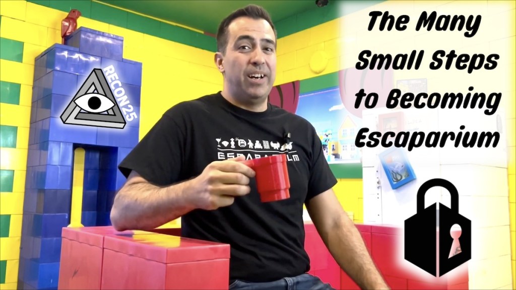 A man sitting in a giant Lego living-room, holding a Lego coffee cup. Text reads, "The Many Small Steps to Becoming Escaparium."