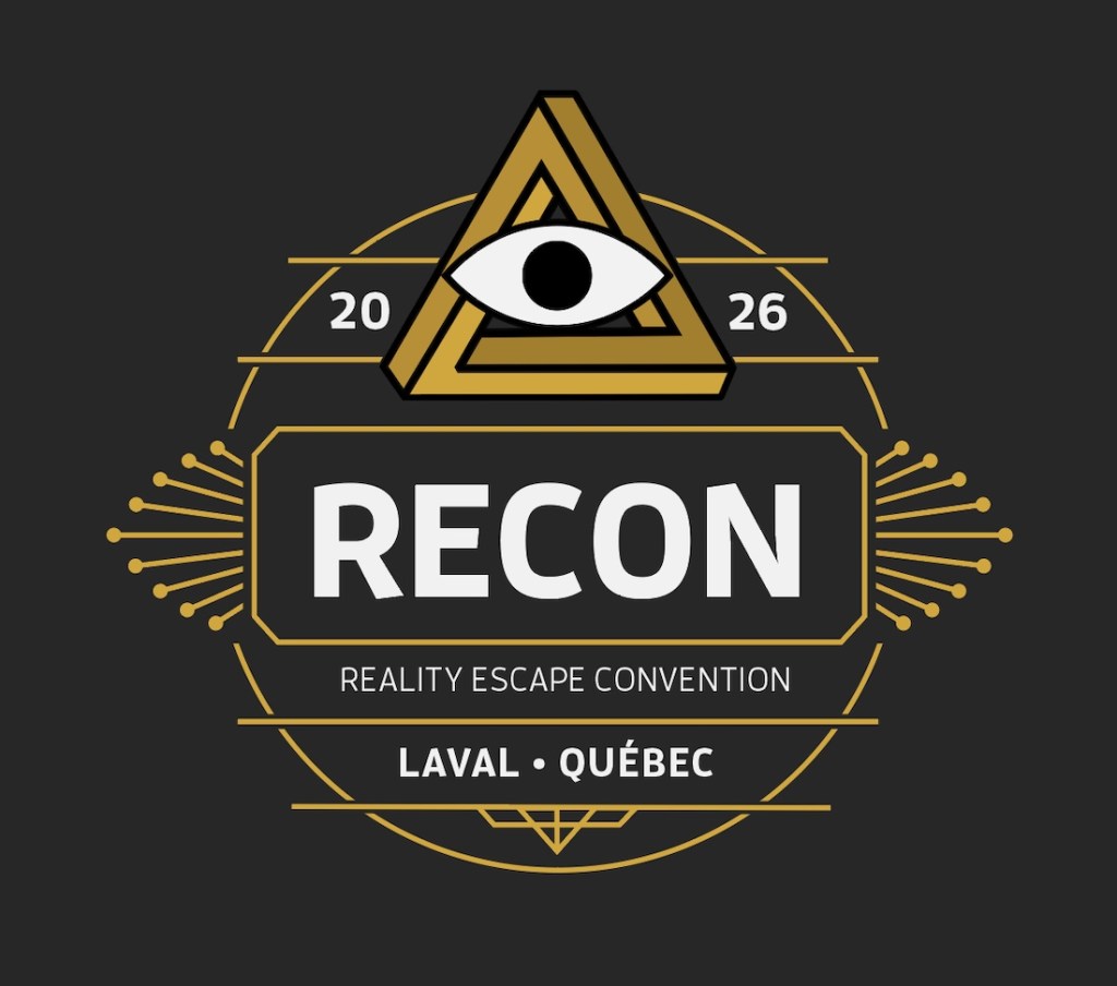 Reality Escape Convention, RECON 2026 Laval, Quebec logo depicting art deco line work in gold, with the golden RECON penrose triangle logo.
