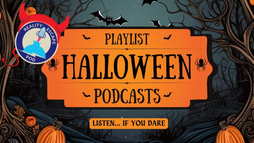 cartoonish drawing of spooky forest with pumpkins, bats, and dead trees.