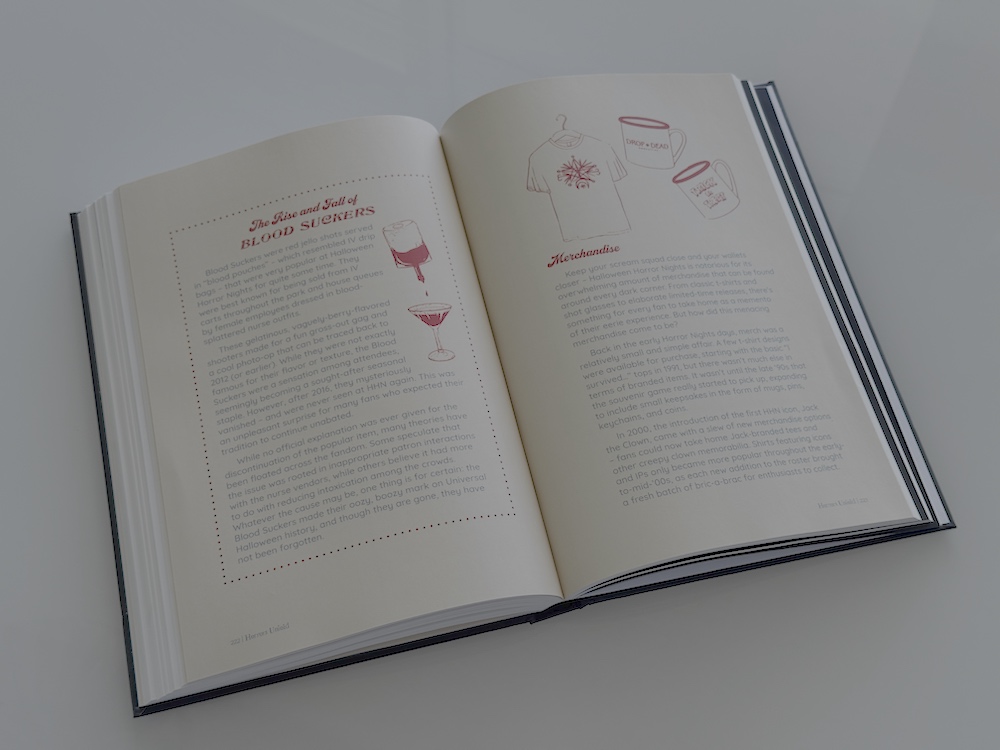 An open book with text and an illustration of a tshirt and mugs.