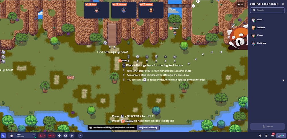 An overhead 16-bit style video game depicting a group of players solving a puzzle to wake a gigantic red panda.