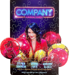 jigsaw puzzle from musical "company" with woman surrounded by balloons.
