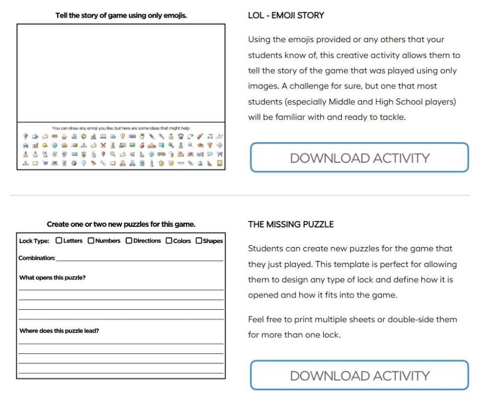 activity cards from breakout edu challenging kids to create their own puzzles or tell a story using only emojis