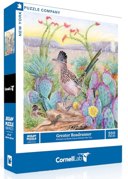 Jigsaw puzzle box art depicting a greater roadrunner amongst the flora of the desert.