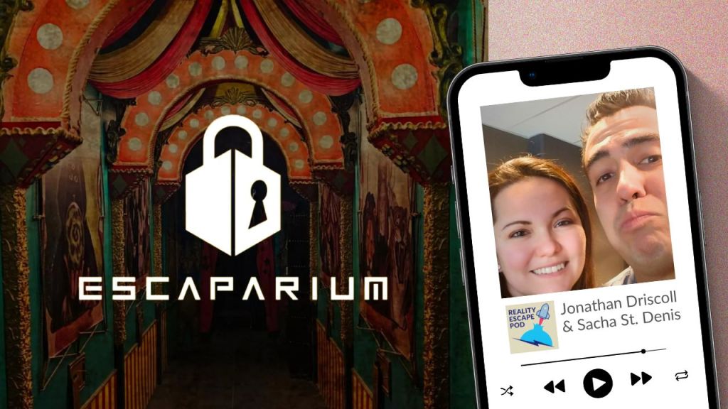 woman smiling with straight brown hair, next to man with spikey brown hair. background image of entry to circus with text that reads "escaparium"