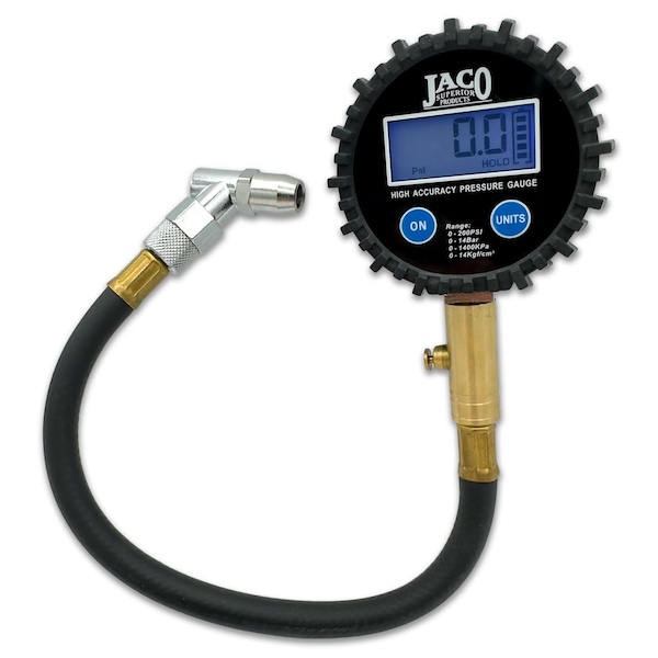 A tire pressure gauge with a digital display.