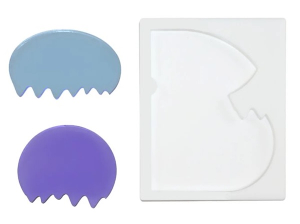 An oddly shaped puzzle frame with two unusually shaped puzzle pieces.