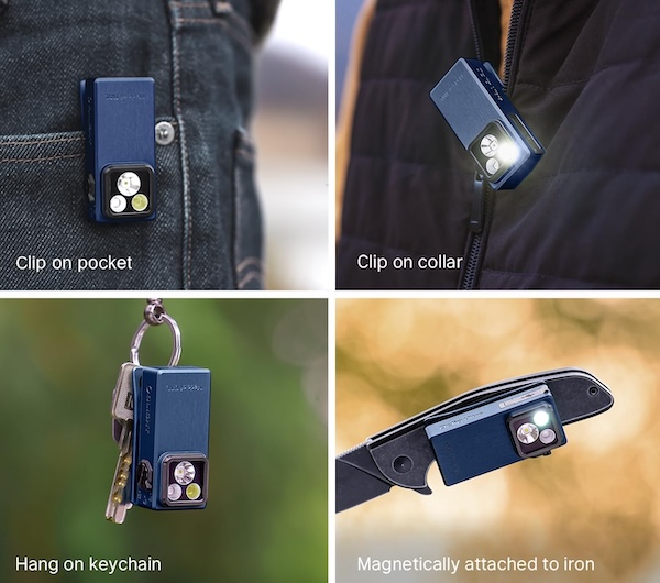 A small clip-on light being demonstrated: It's clipped on a pocket, clipped on a collar, hanging from a keychain, and magnetically attached to iron.