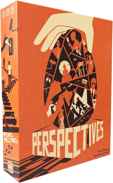 Orange box for Perspectives, the art depicts a collage of negative space silhouetted characters performing actions.