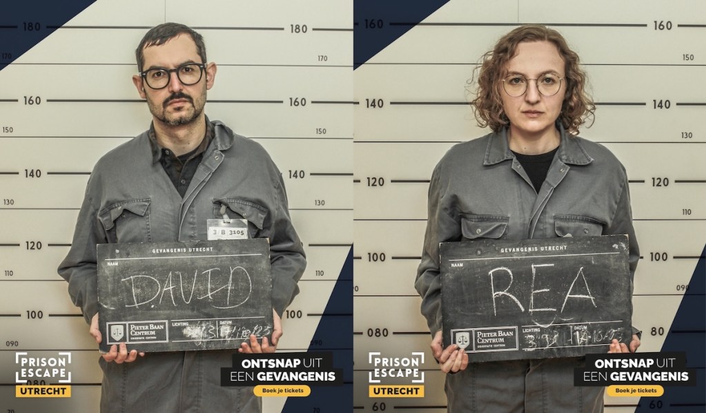 Side by side of David and Lisa's Prison Escape mugshots.