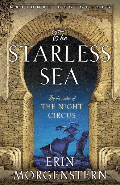 Starless Sea book cover showing a tall ship viewed through a brick archway. 