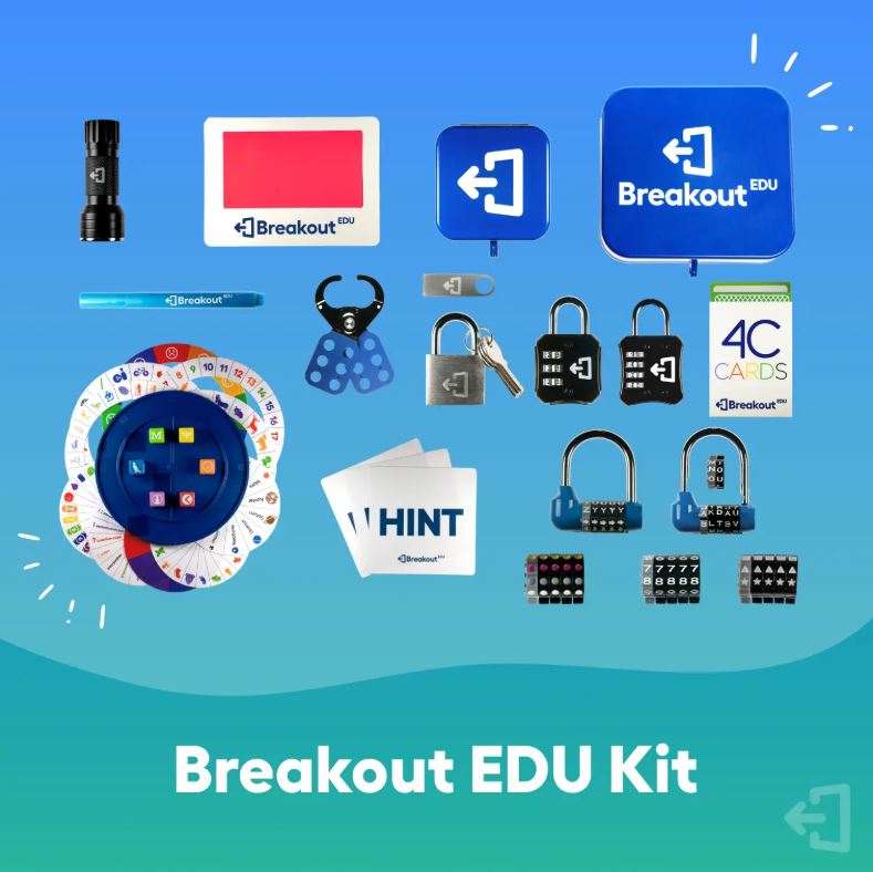breakout edu kit with multiple locks, flashlight, cards, and a cryptography wheel