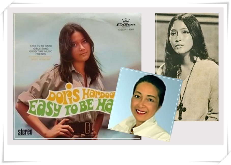 photo collage of eurasian woman from 70's. album cover with woman standing with hands on hips, and black and white image of eurasian woman with thick eyeliner wearing a large cross necklace