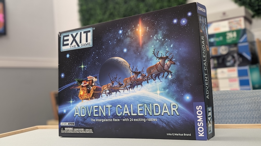 EXIT The Game Advent Calendar, "The Intergalactic Race" box art depicts Santa as a rabbit riding his sleigh through the cosmos.