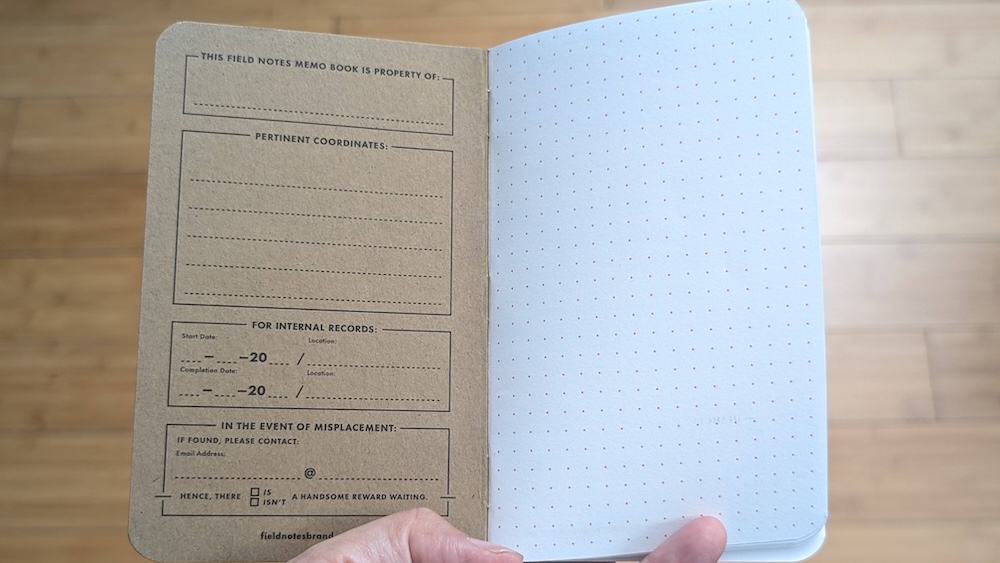 Inside of a Field Notes notebook with a blank page.