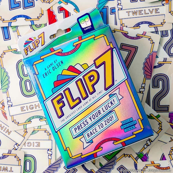 Holographic box art for Flip 7. Text reads, "The Greatest Card Game of All Time! Press Your Luck! Race to 200!"