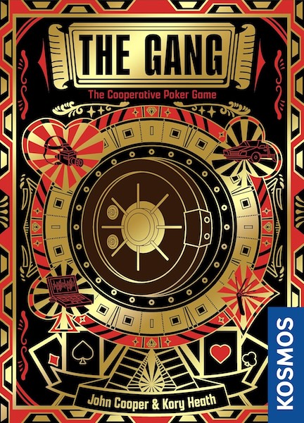 Black, red, and gold box art for "The Gang, The Cooperative Poker Game" depicts an opening back vault.