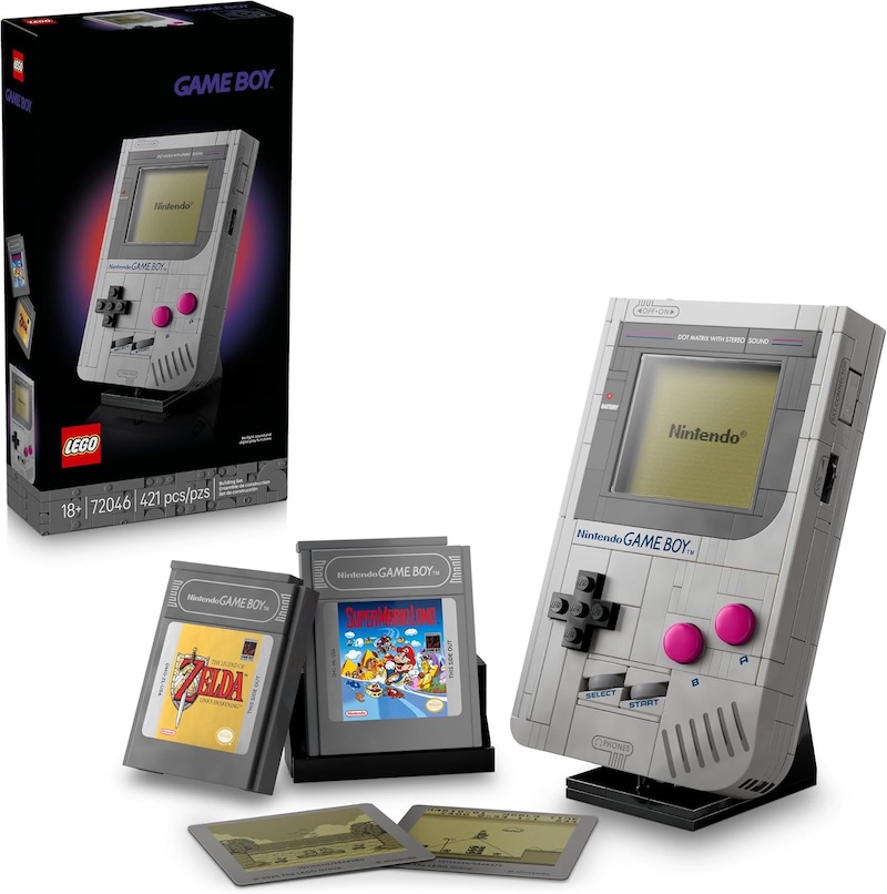 A classic Nintendo Game Boy made from legos. There are also lego cartridges from Super Mario Land and The Legend of Zelda Link's Awakening.