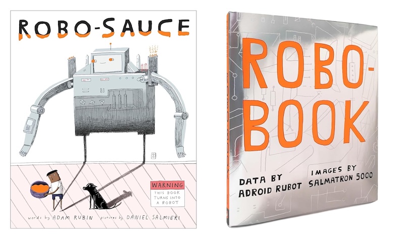 Book cover for Robo-Sauce, depicting a boxy robot. A warning reads, "This Book Turns Into A Robot"