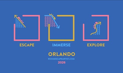 Escape Immerse Explore Orlando 2026 logo in blue, yellow, and pink. The links of the logo mimic a rollercoaster.