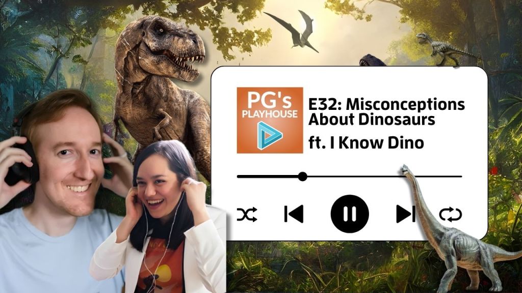 man with reddish blonde hair and dark haired woman both holding onto their headphones with background images of dinosaurs in a prehistoric jungle setting