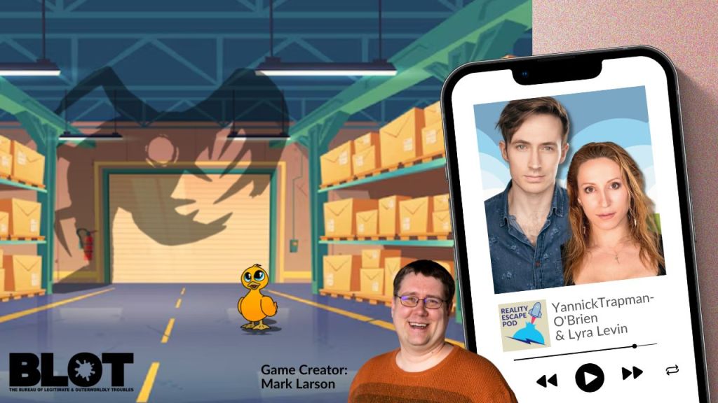 man and woman with dark blonde hair on mobile phone, over image of cartoon warehouse with shadow of a monster and a cute little ducky. Also man in orange sweater and glasses smiling.