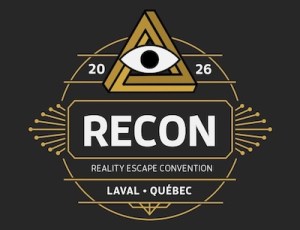 Reality Escape Convention, RECON 2026 Laval, Quebec logo depicting art deco line work in gold, with the golden RECON penrose triangle logo.