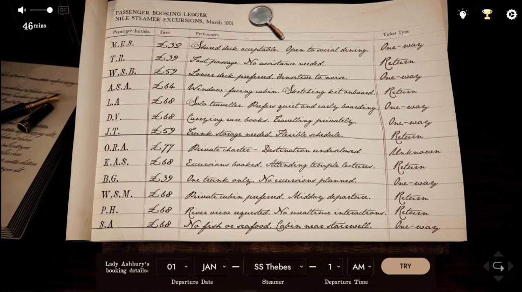 Passenger booking ledger for a steamer written in cursive handwriting on a yellowed notebook page