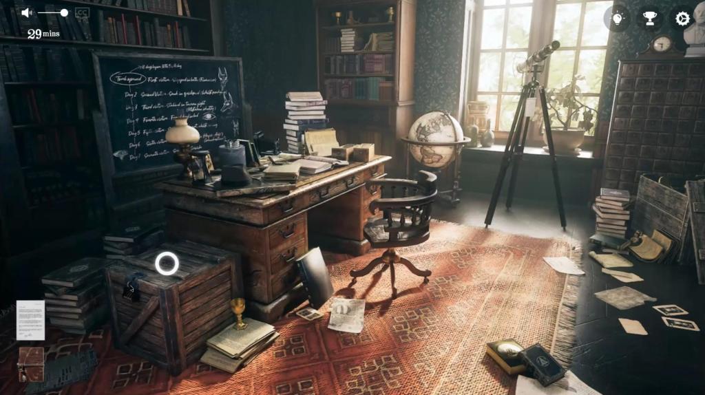 A study with a wooden desk, chalkboard, and bookshelves. Papers and books are scattered on the floor. Light comes in from the one big window behind the telescope.