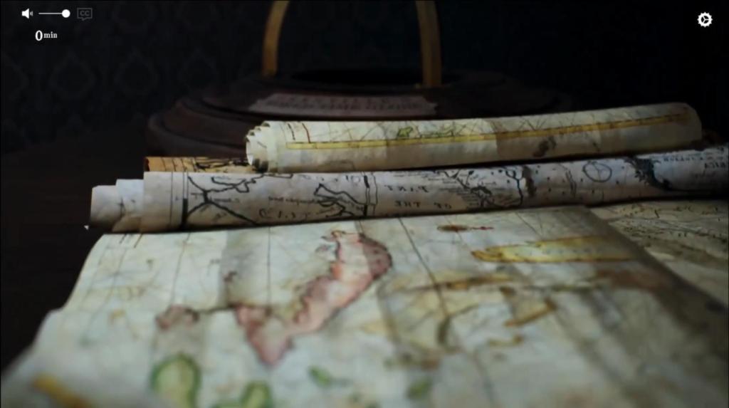 Close up on a map that is partially unscrolled, with other map scrolls behind it