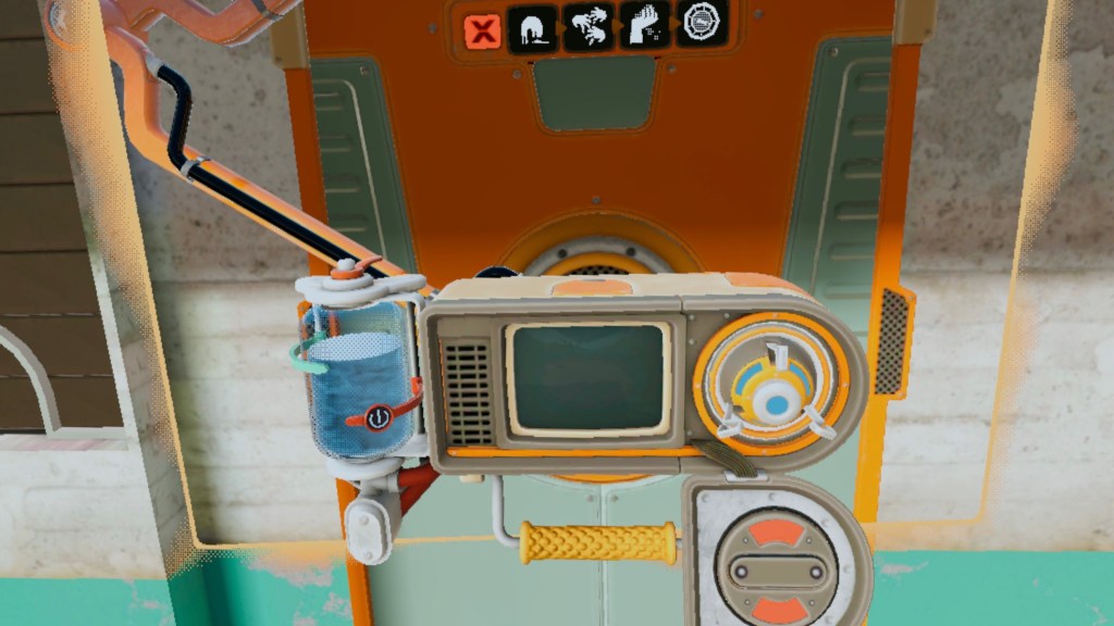 Some kind of device with a handle, bottle of blue liquid and a screen sits in front of an orange door. The door has a red X followed by four symbols on it. The symbols are a monster eating off the ground, three hands, a hand holding a clump of dirt, and a dial.