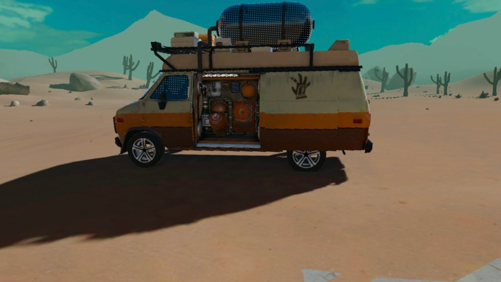 A tan, orange, and brown van sits in a desert environment. The sliding door is open to reveal some sci-fi equipment.