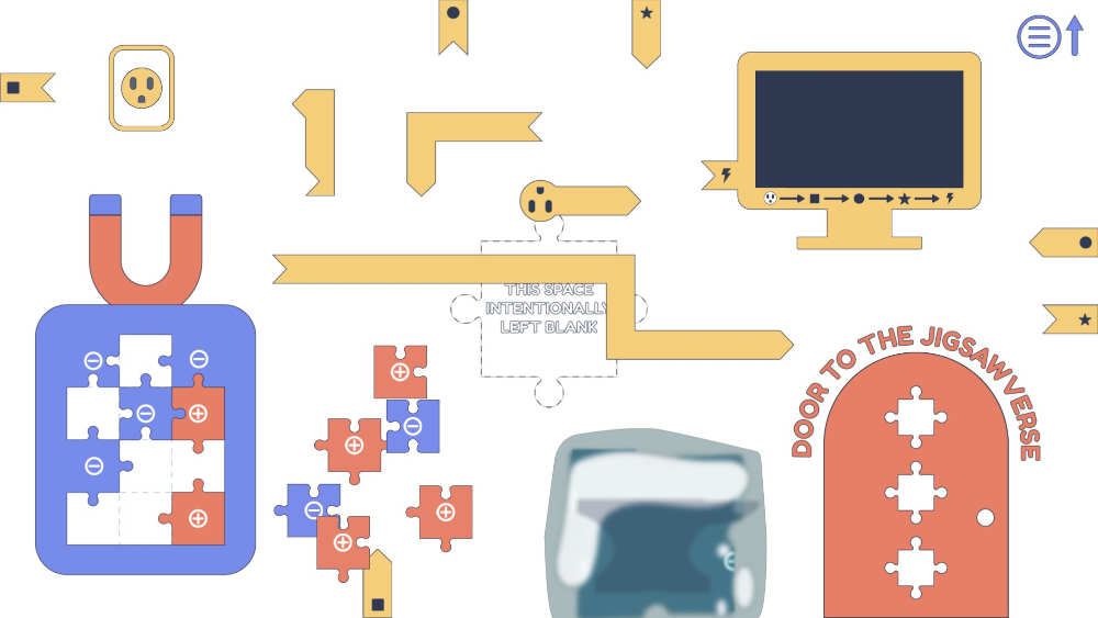 on a white background, a series puzzles that need to be assembled: segments of yellow pipe, red and blue jigsaw pieces, and a door labeled "Door to the Jigsawverse".