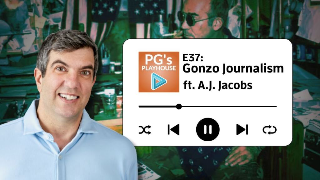 background image of man in round sunglasses surrounded by papers. foreground image of man with salt and pepper hair combed to the side, smiling, in a light blue collared shirt.