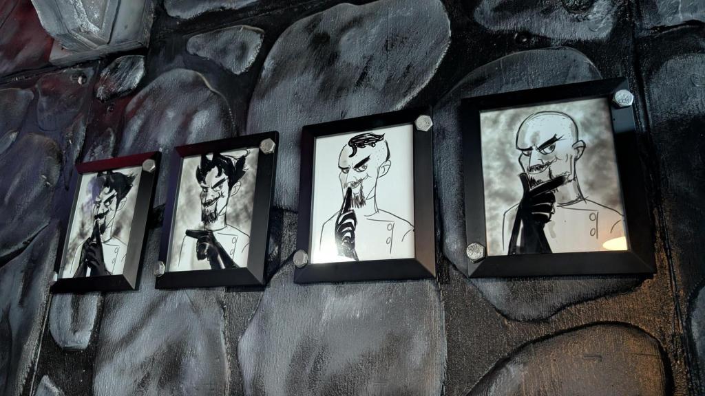 Four black and white cartoon-drawn portraits of the same individual with different hair styles and hand placements. The portraits are next to each other on a gray done while.