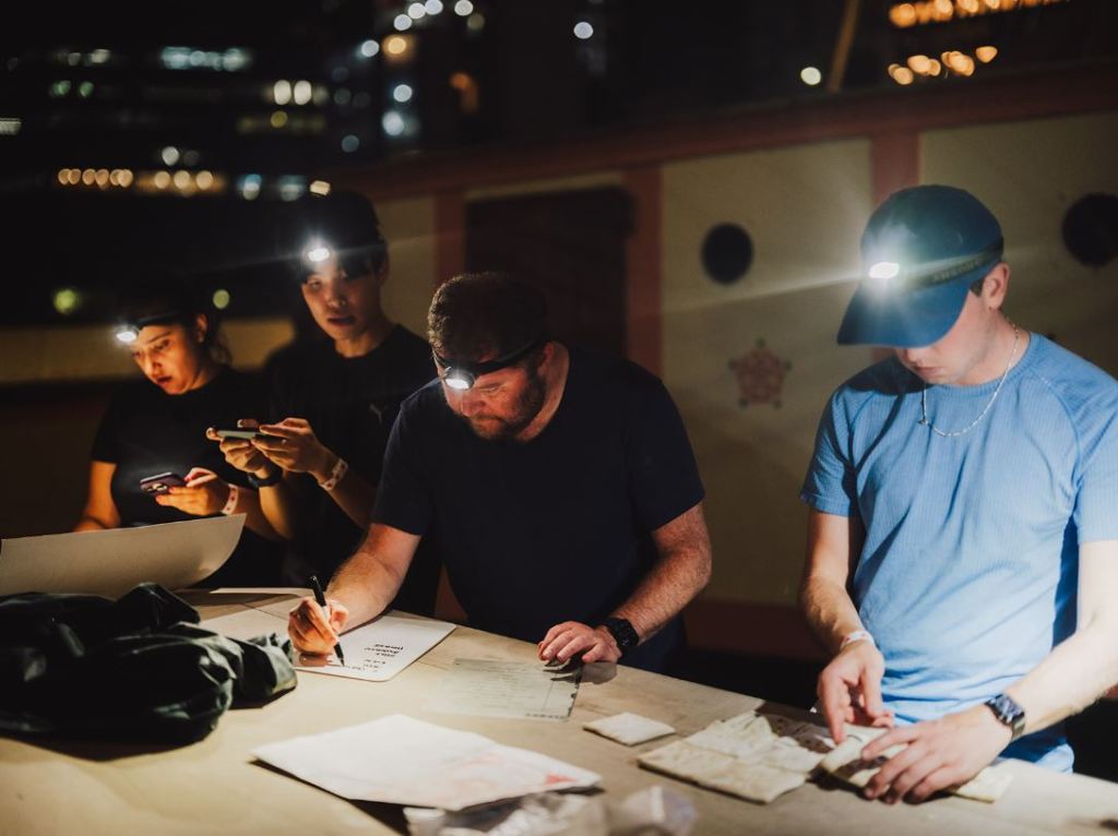 group of people all wearing headlamps working on pen and paper puzzles, with city lights behind them.